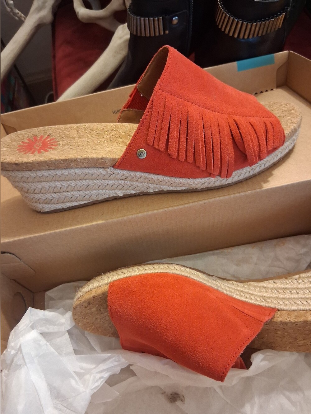 Ugg Dusty Orange Suede Fringe Espadrille Wedge Slide